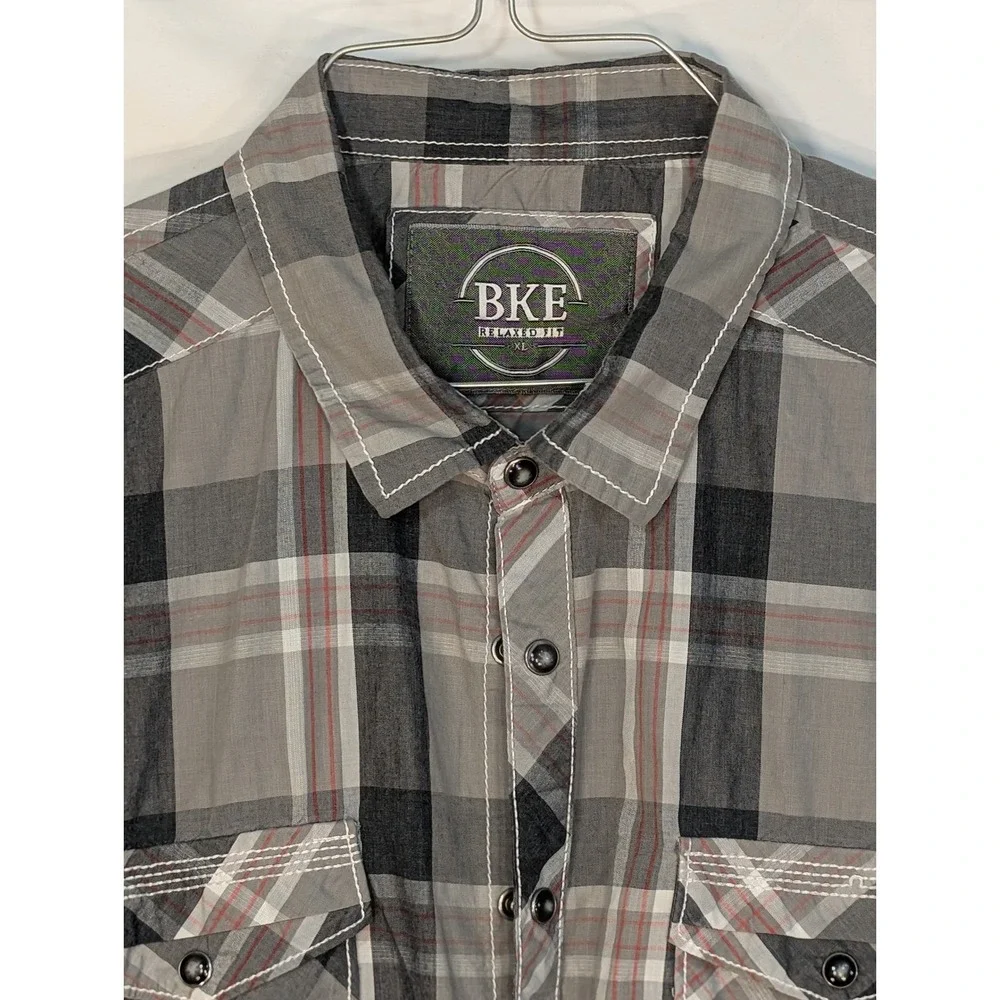 BKE Relaxed Fit Gray Black Plaid Pearl Snap Long Sleeve Shirt XL 11392FPW